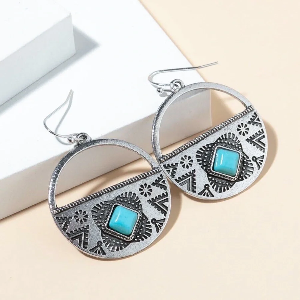 Silver Turquoise Gem Round Boho Drop Earrings